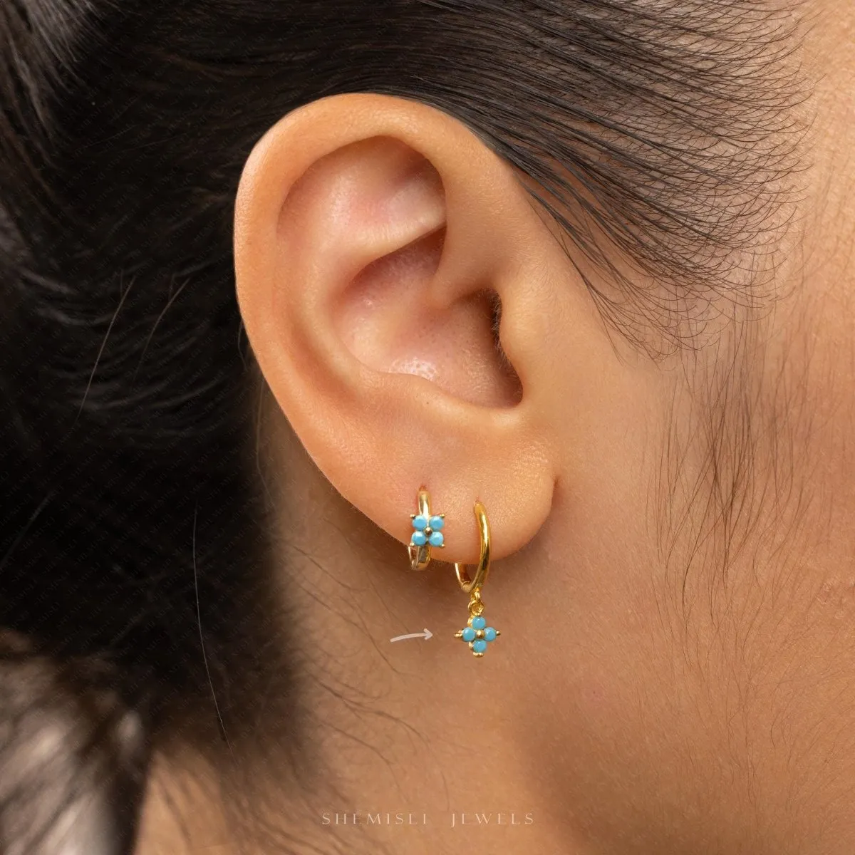 4 leaf Clover Turquoise CZ Drop Hoop Earrings, Flower Dangle Huggies, Unisex, Gold, Silver SHEMISLI SH542