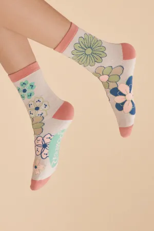 70s Kaleidoscope Floral Ankle Socks - Coconut by Powder