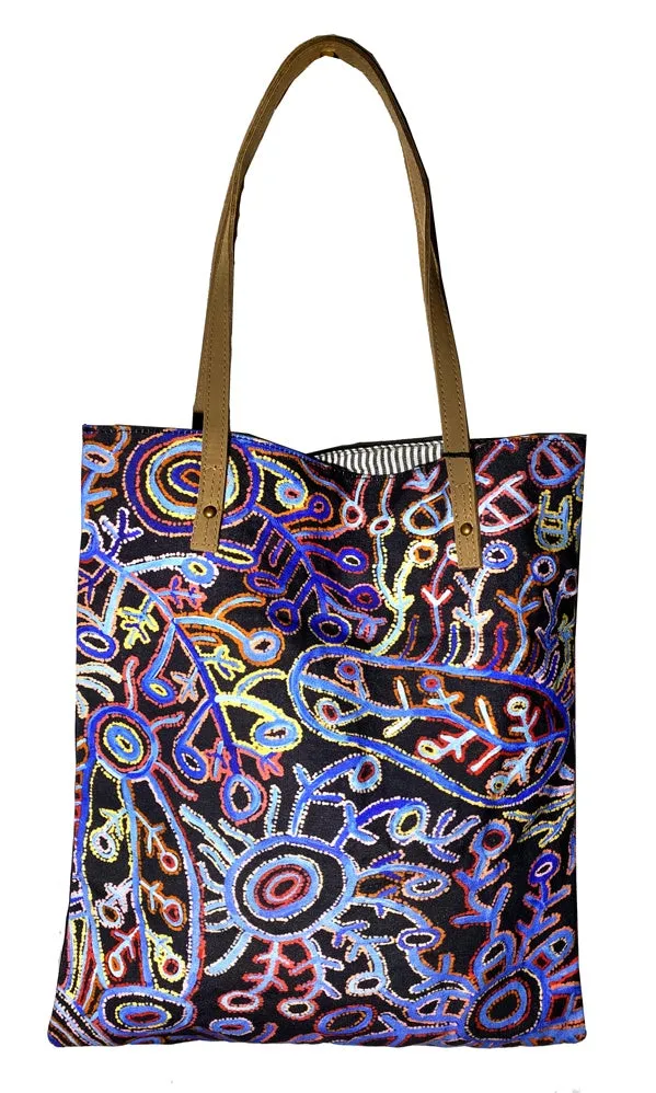 Aboriginal Art Shoulder Tote Bag Leather Trimmed by Theo Hudson