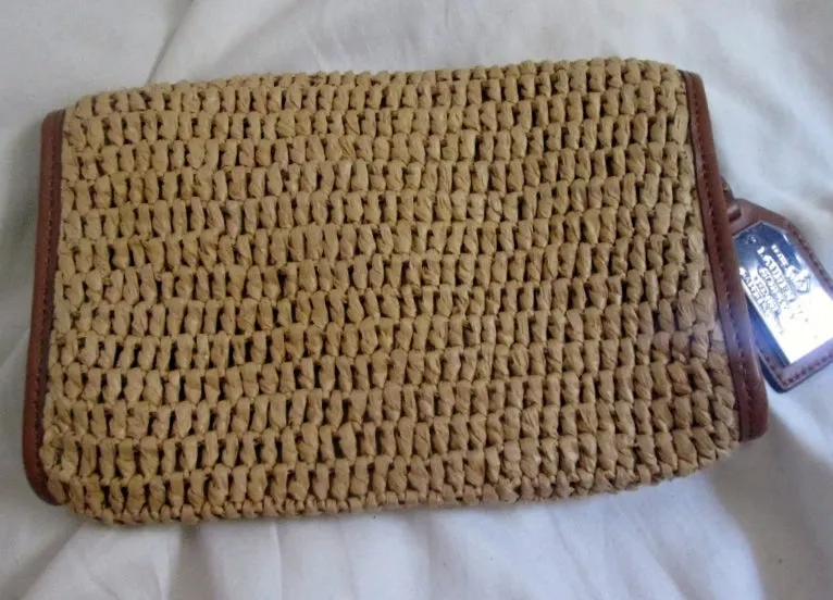 Authentic RALPH LAUREN Woven RAFFIA Leather purse clutch bag COGNAC BROWN