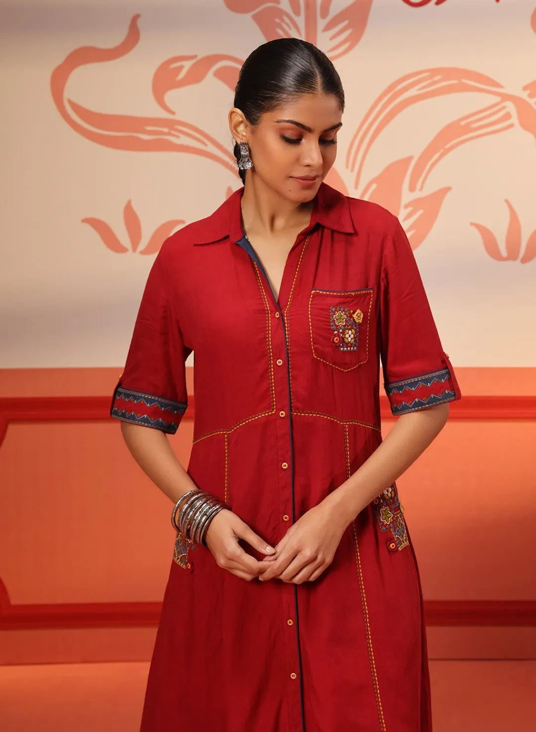 Aziya Red Embroidered Cotton Dress For Women