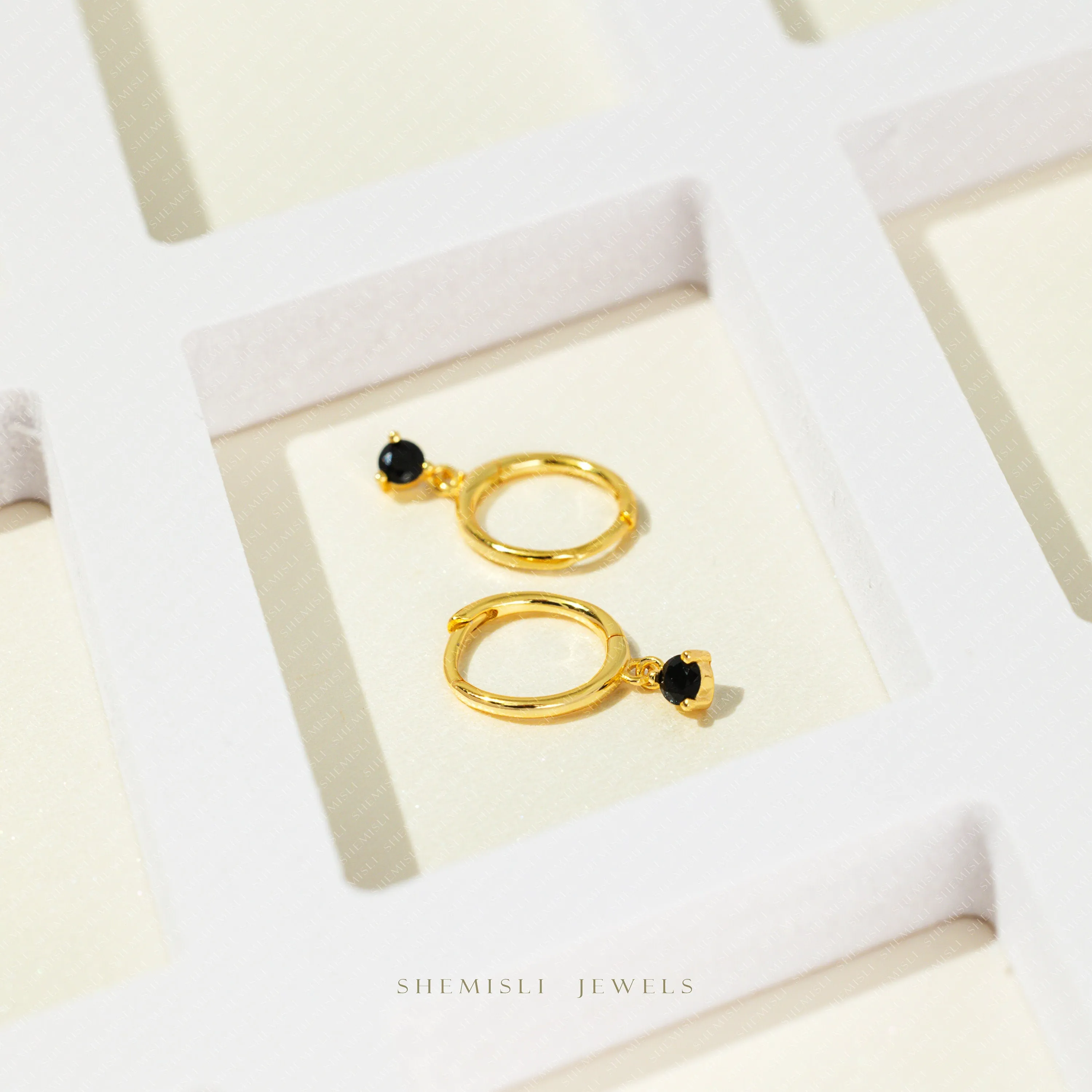 Black CZ Drop Hoop Earrings, Huggies, Unisex, Gold, Silver SHEMISLI SH341