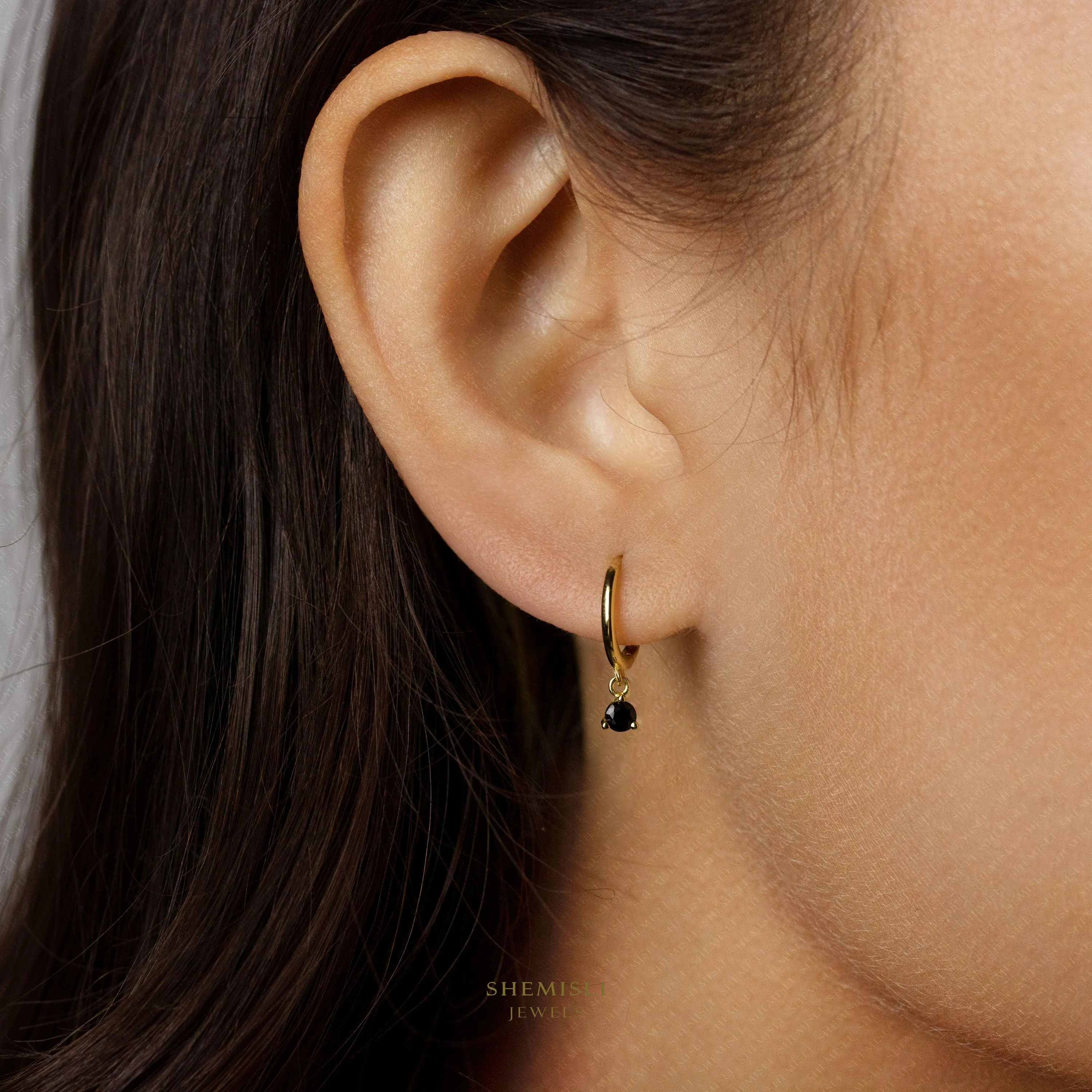 Black CZ Drop Hoop Earrings, Huggies, Unisex, Gold, Silver SHEMISLI SH341