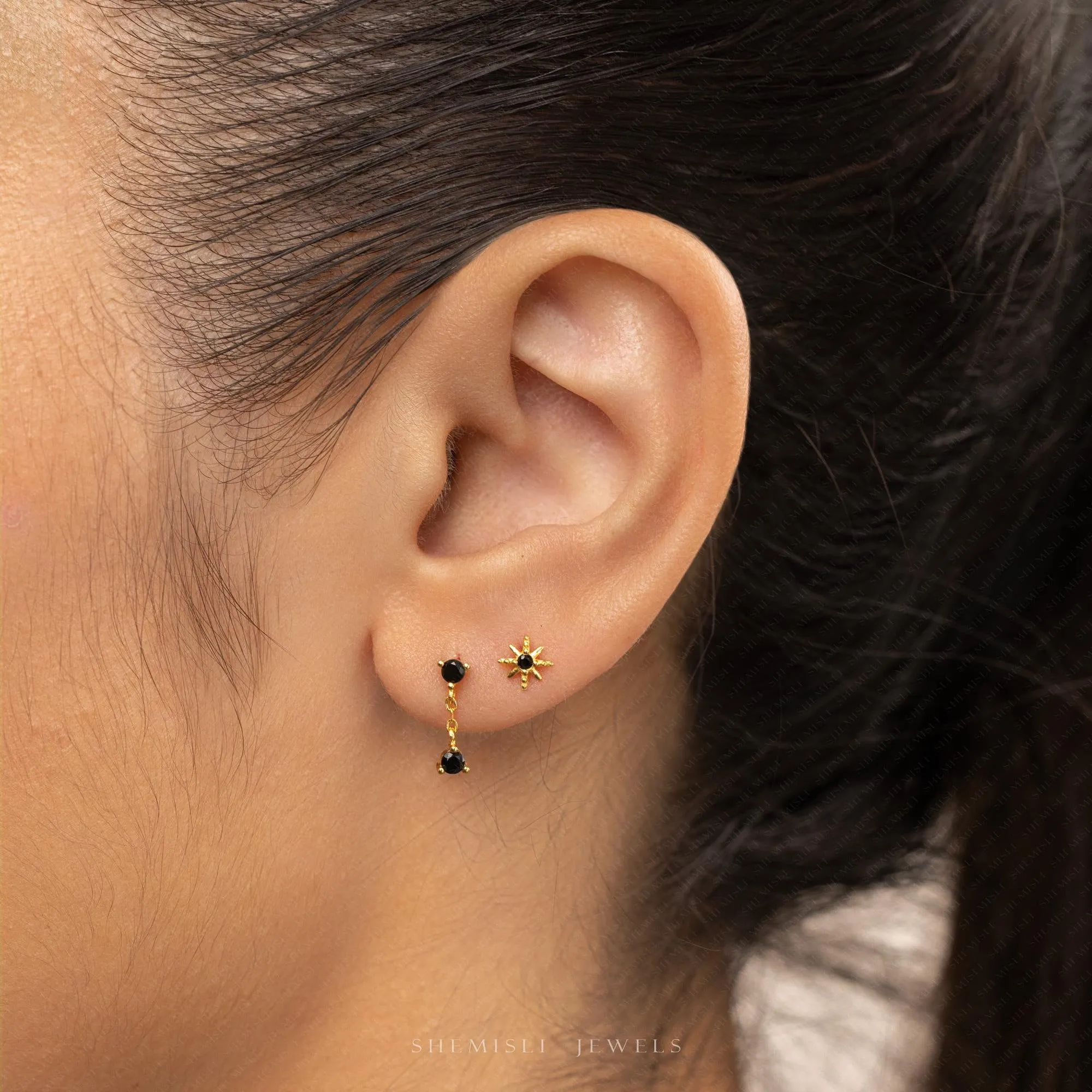 Black Star and Dangle CZ Stud Earrings Stack Set, Unisex, Gold, Silver SHEMISLI SS344, SS290