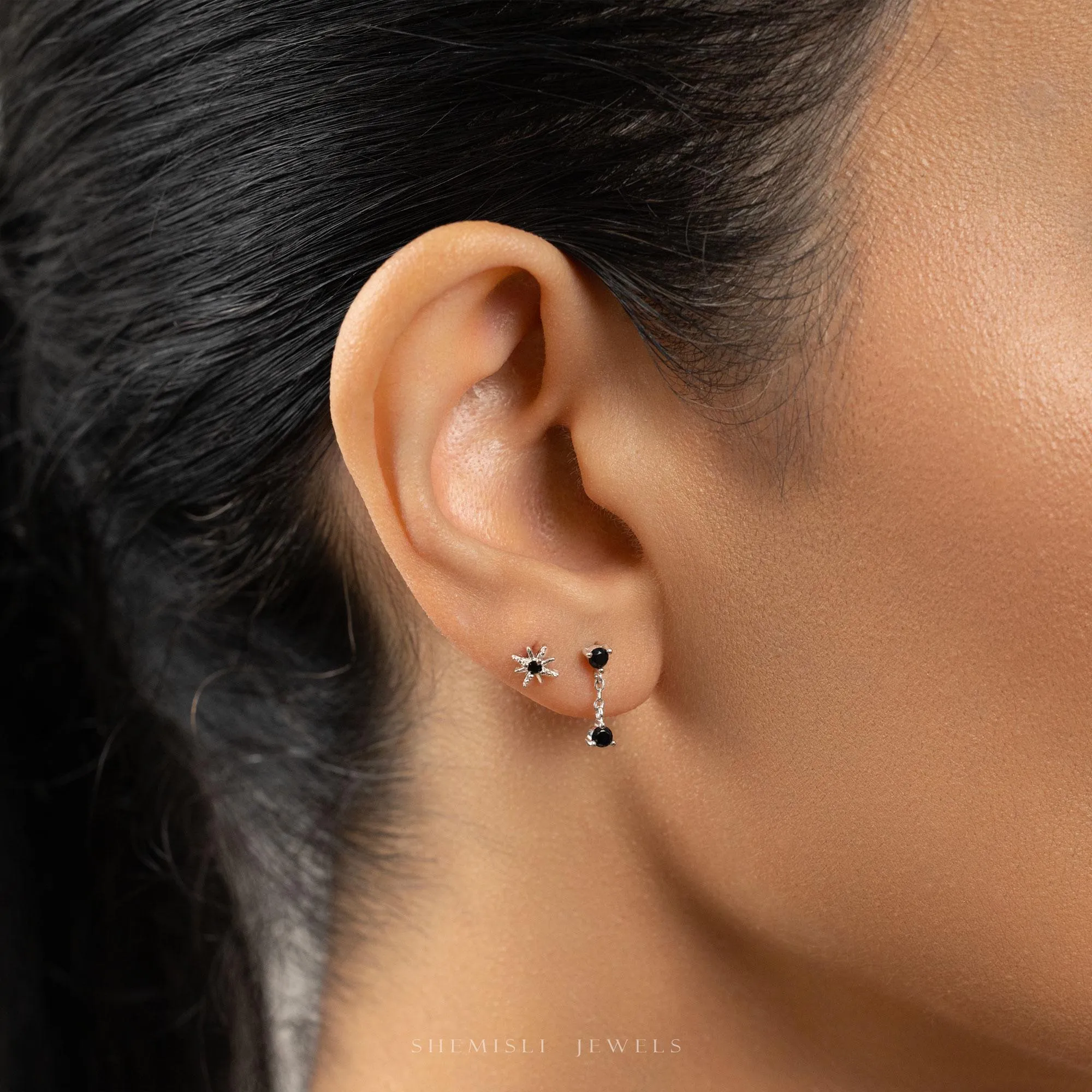 Black Star and Dangle CZ Stud Earrings Stack Set, Unisex, Gold, Silver SHEMISLI SS344, SS290