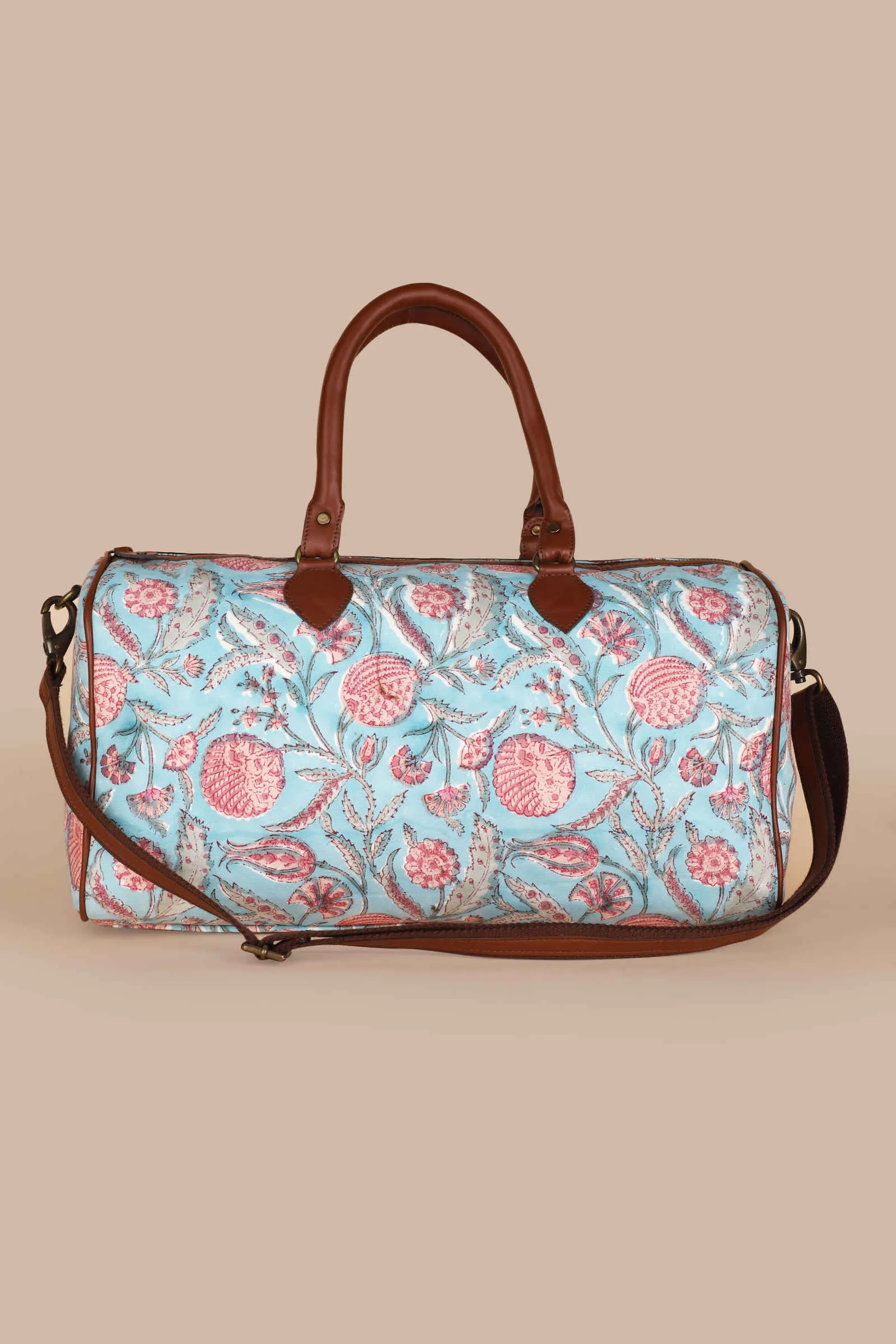 Blue Lagoon Hand Block Printed Pink Duffle Bag