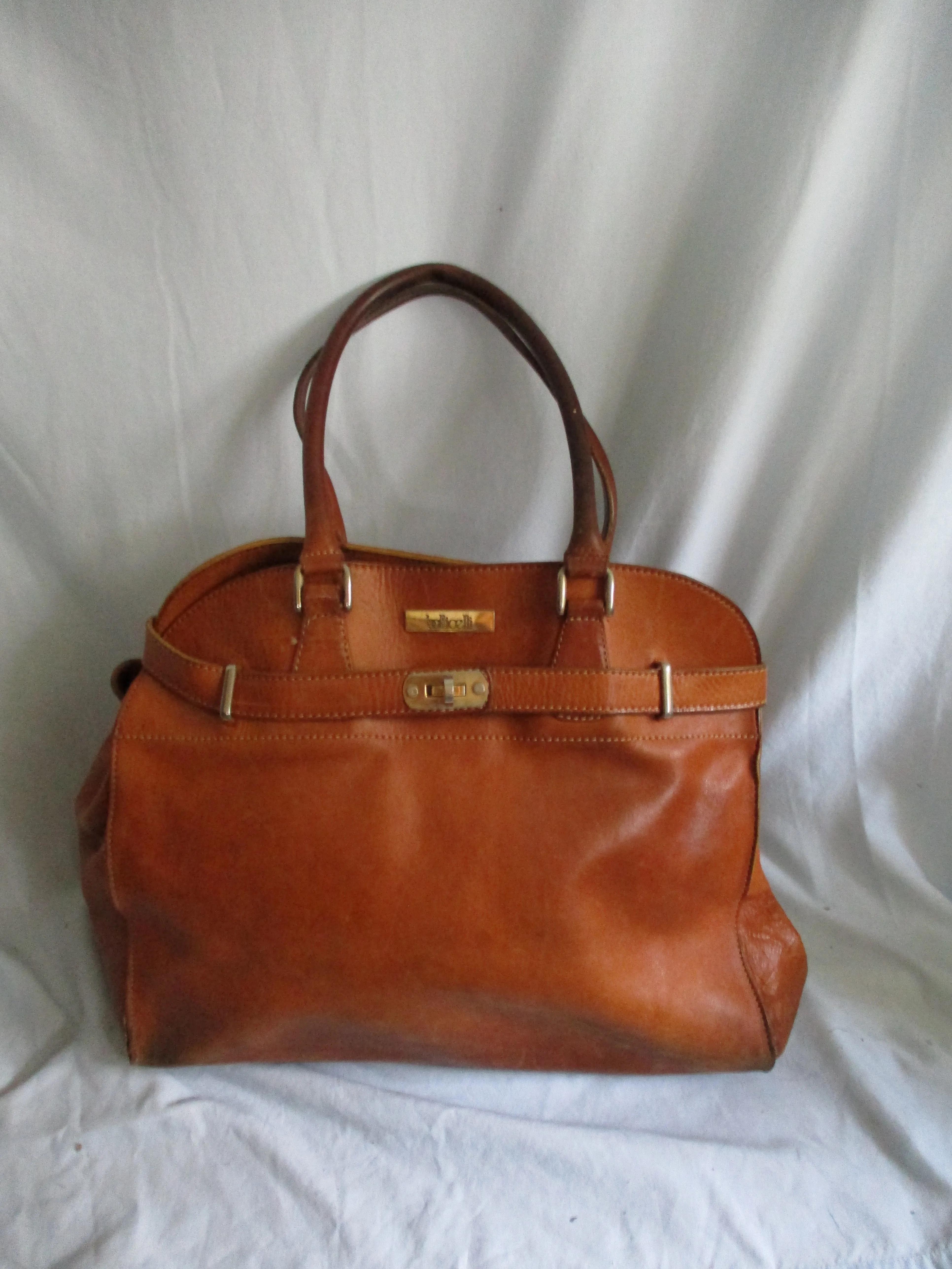 BOTTICELLI Thick Leather Satchel Tote Shoulder Bag Purse Travel BROWN