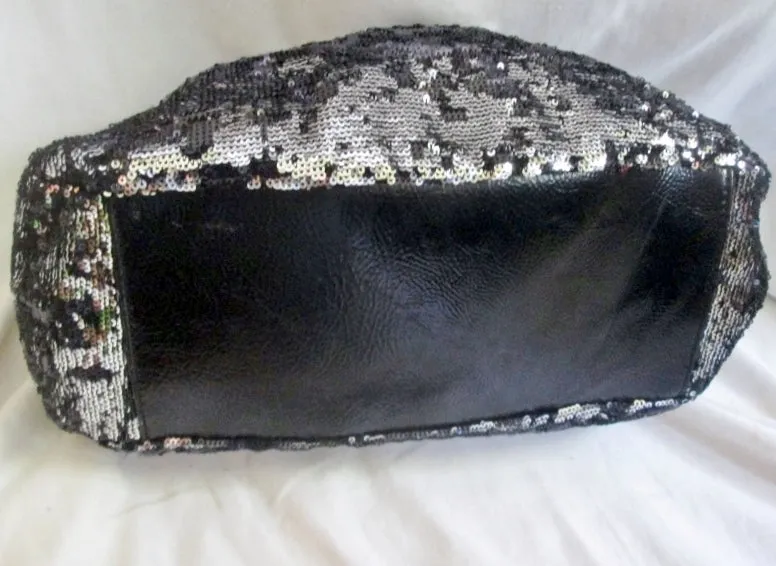 CESCA LONDON vegan sequin satchel shoulder flap bag purse SILVER BLACK L Glam