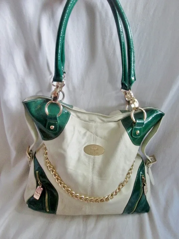 CHRISTINE PRICE Boutique leather tote satchel shoulder bag carryall L WHITE GREEN GOLD