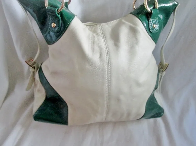 CHRISTINE PRICE Boutique leather tote satchel shoulder bag carryall L WHITE GREEN GOLD