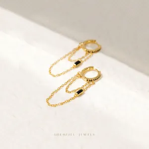 Dangle Chain Baguette Black CZ Hoop Earrings, Unisex, Gold, Silver SHEMISLI SH362