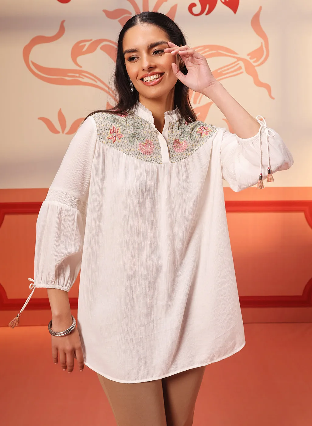 Faya Ivory Crinkled Crepe Embroidered Top for Women