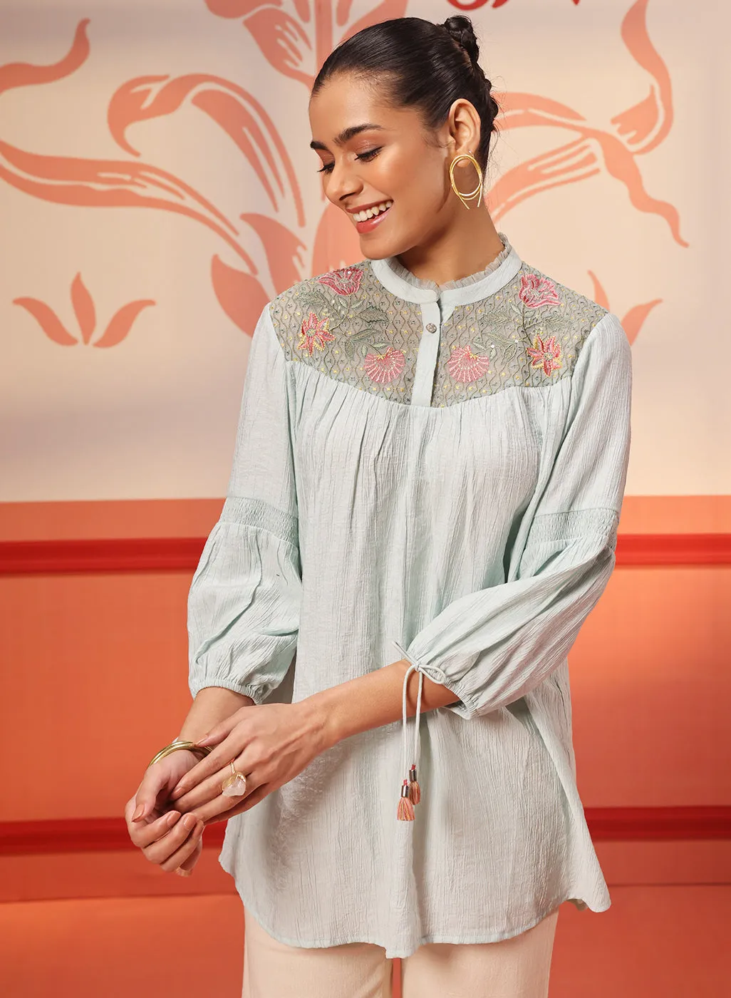 Faya Sky Blue Crinkled Crepe Embroidered Top for Women