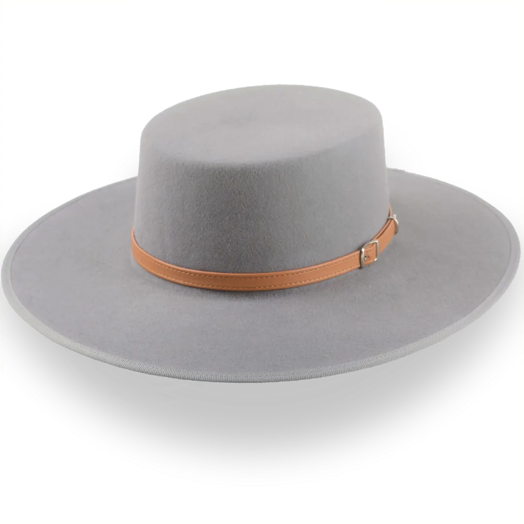 Grey Wide Brim Flat Top Cowboy Hat in High-Quality Fur Felt | The Tycoon