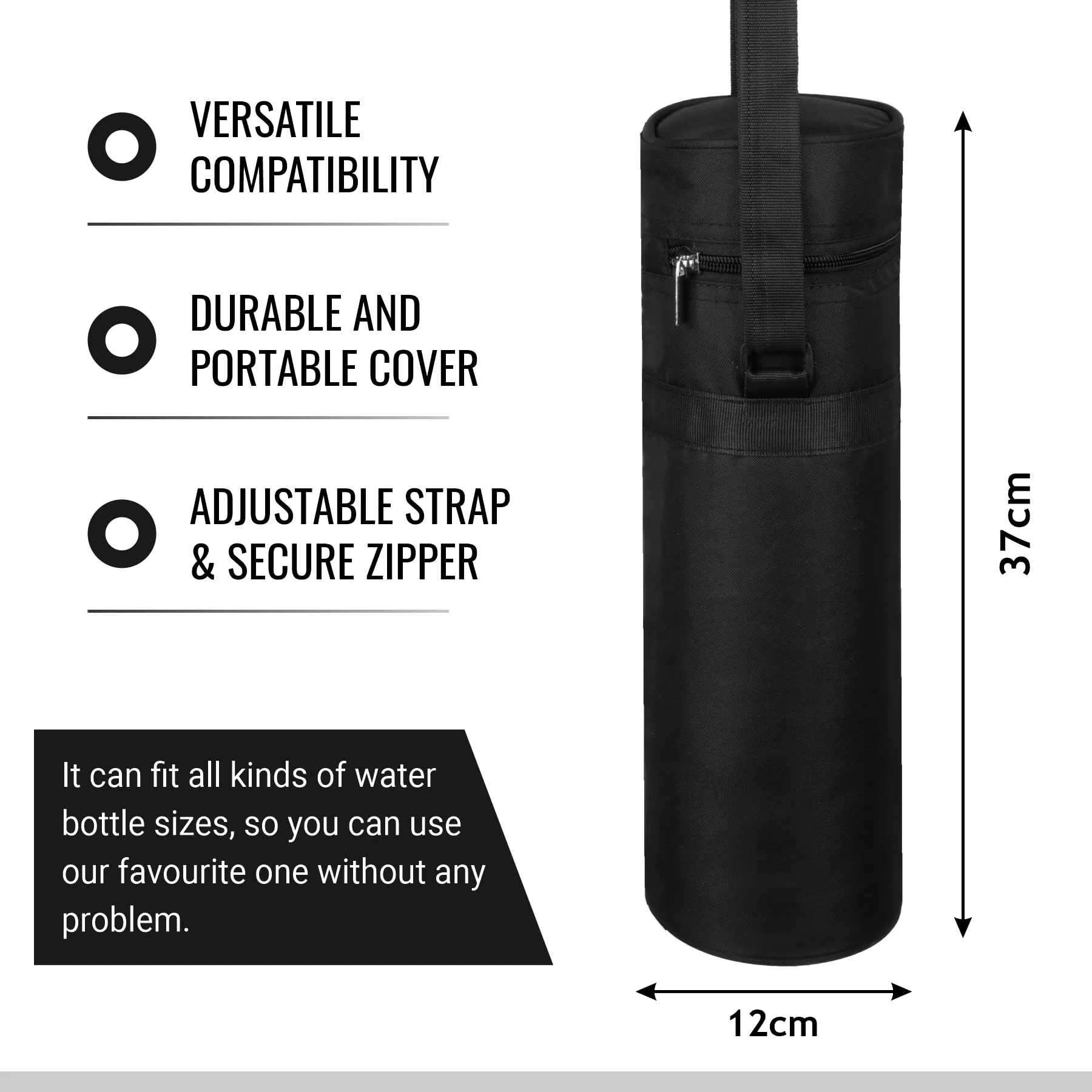 Kuber Industries Bottle Bag | Travel Water Bottle Bag | Bottle Protector Bag | Water Bottle Carrier Bag | Bottle Carry Bag | Adjustable Strap & Zipper Closure | 1 LTR | Black