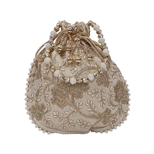 Kuber Industries Silk Embroidered Women Potli Bag (Cream) -CTKTC8803