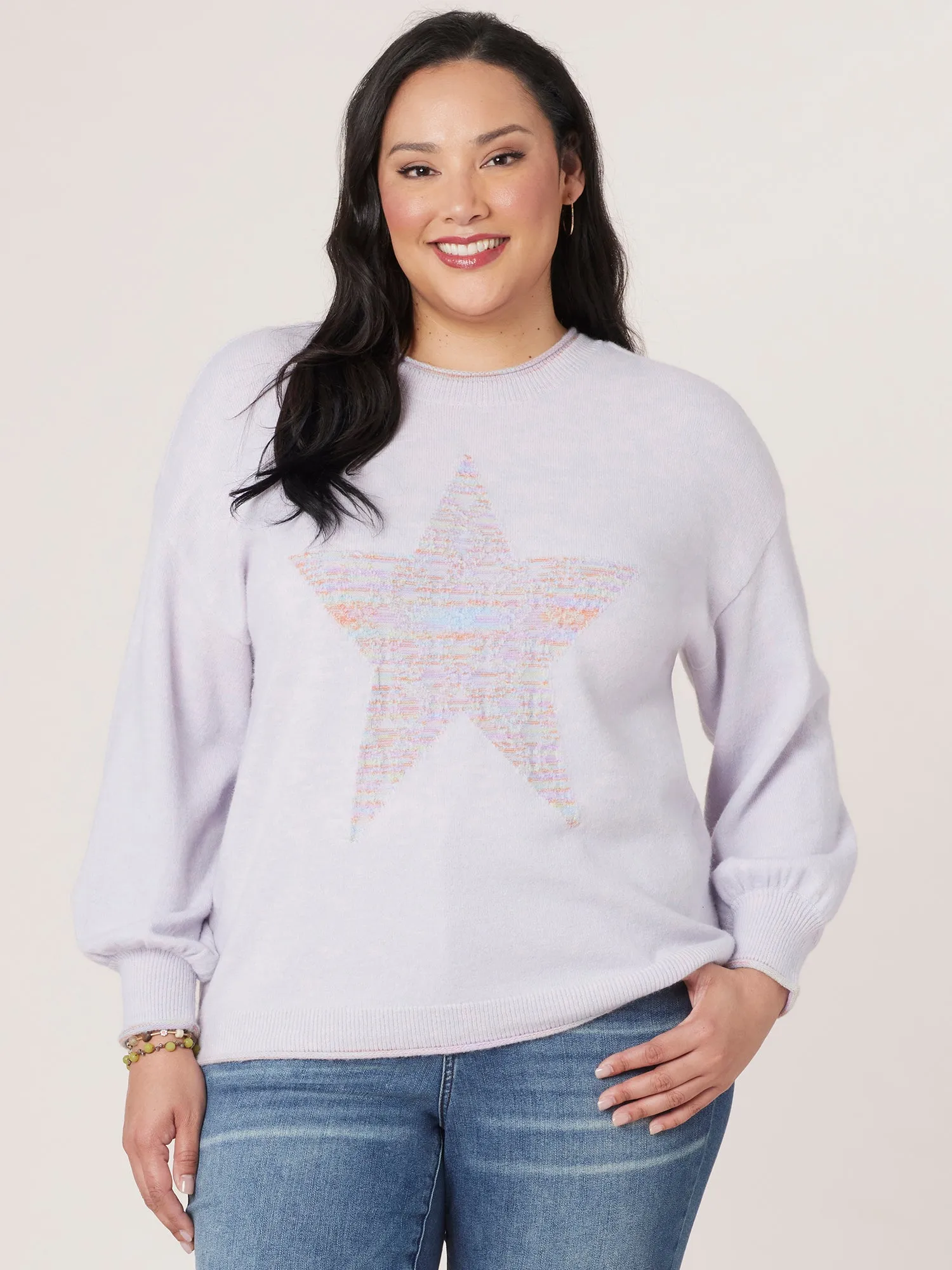 Long Blouson Sleeve Space Dye Star Front Back Seam Plus Size Sweater