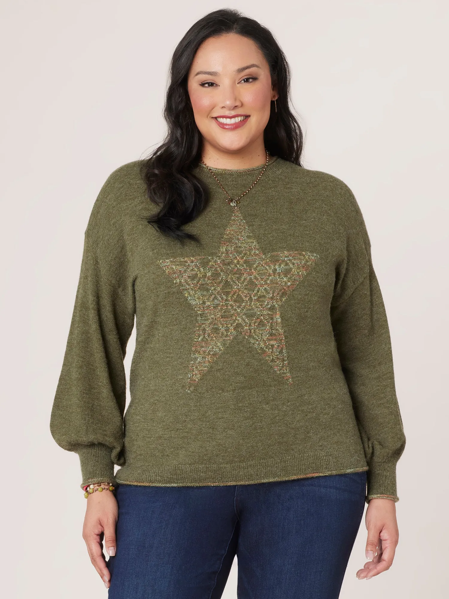 Long Blouson Sleeve Space Dye Star Front Back Seam Plus Size Sweater