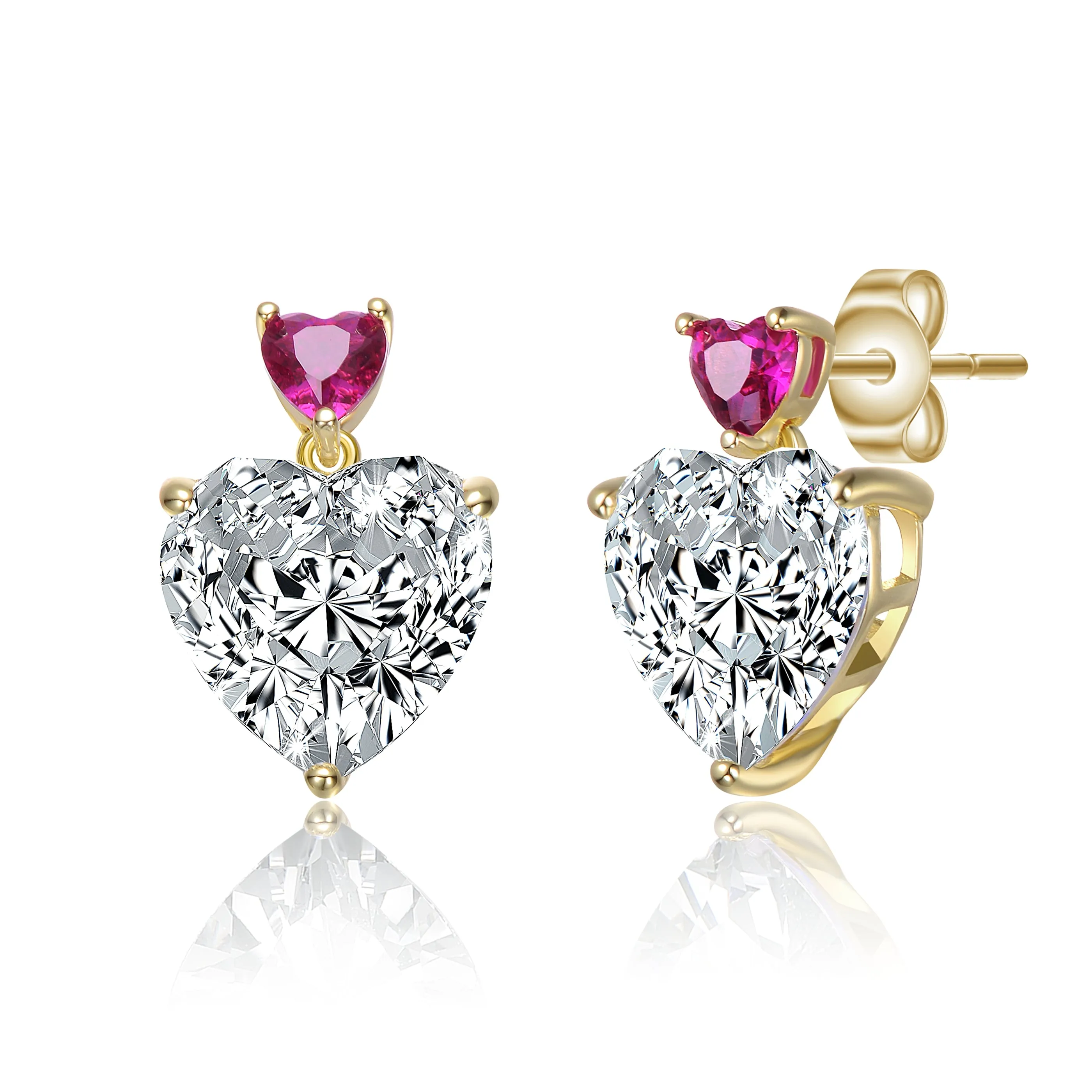 Sterling Silver 14k Gold Plated with Colored Cubic Zirconia Two-Stone Heart Dangle Earrings