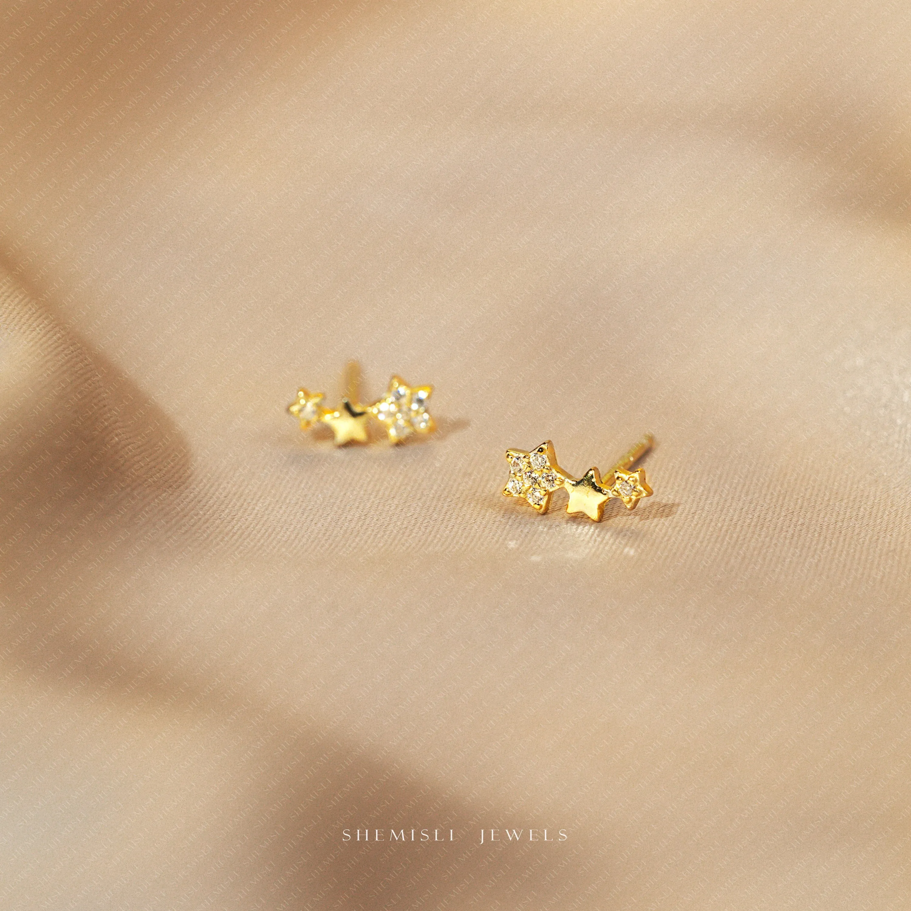 Three Stars CZ Studs Earrings, Unisex, Gold, Silver - SS070 LR