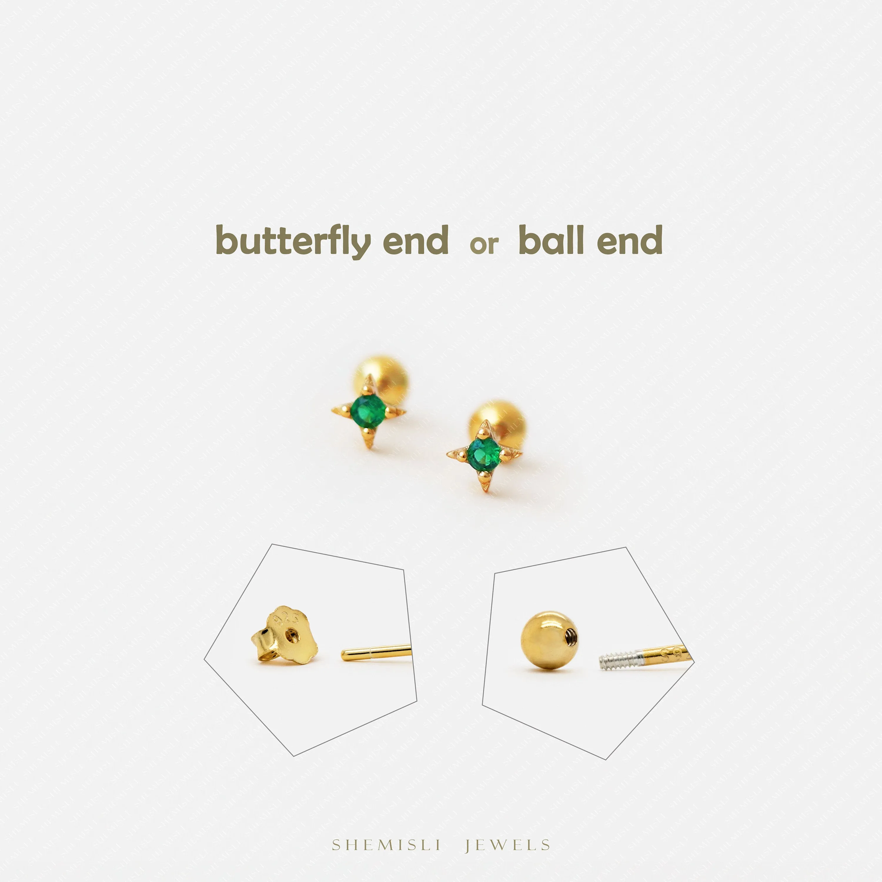 Tiny Emerald Star Studs Earrings, Celestial Earrings, Unisex, Gold, Silver SHEMISLI - SS760 Butterfly End, SS171 SS862 Screw Ball End