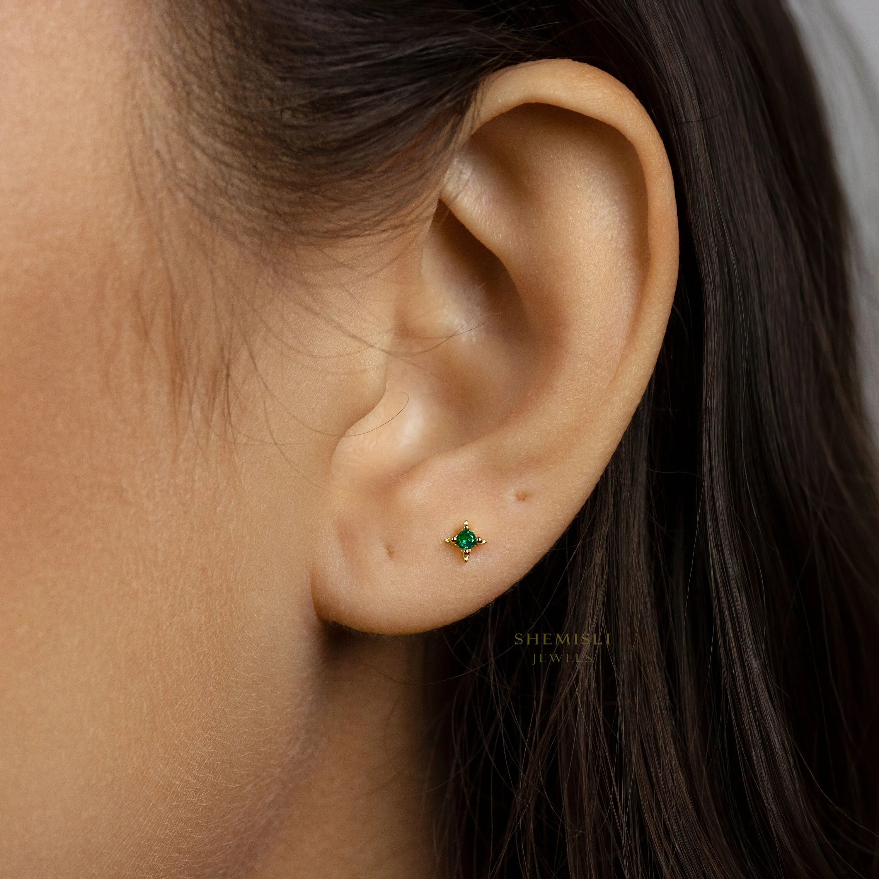 Tiny Emerald Star Studs Earrings, Celestial Earrings, Unisex, Gold, Silver SHEMISLI - SS760 Butterfly End, SS171 SS862 Screw Ball End