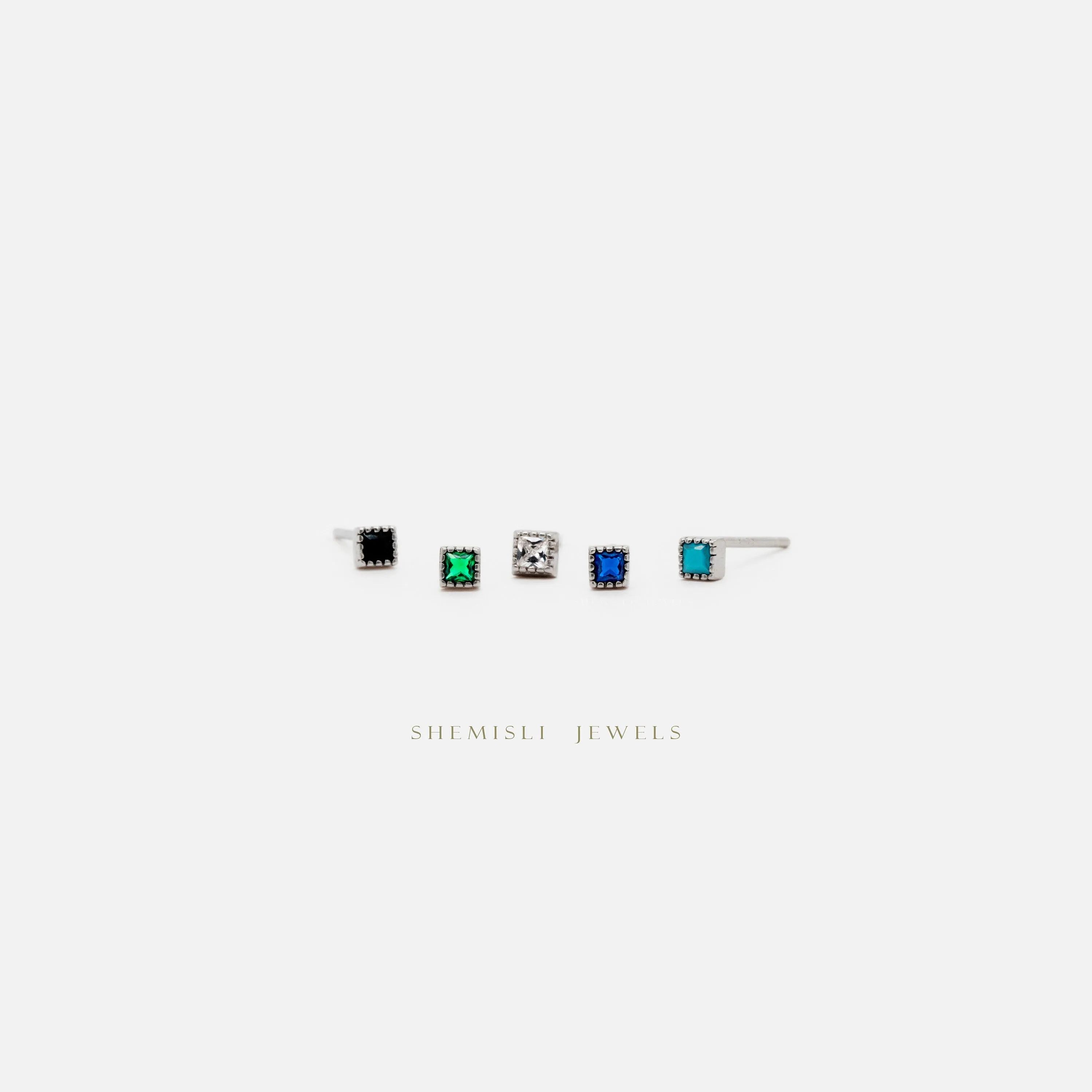 Tiny Square CZ Stud, Cube Earrings, White, Emerald, Turquoise, Sapphire, Black, Unisex, Gold, Silver SS240, SS022, SS241, SS242, SS243