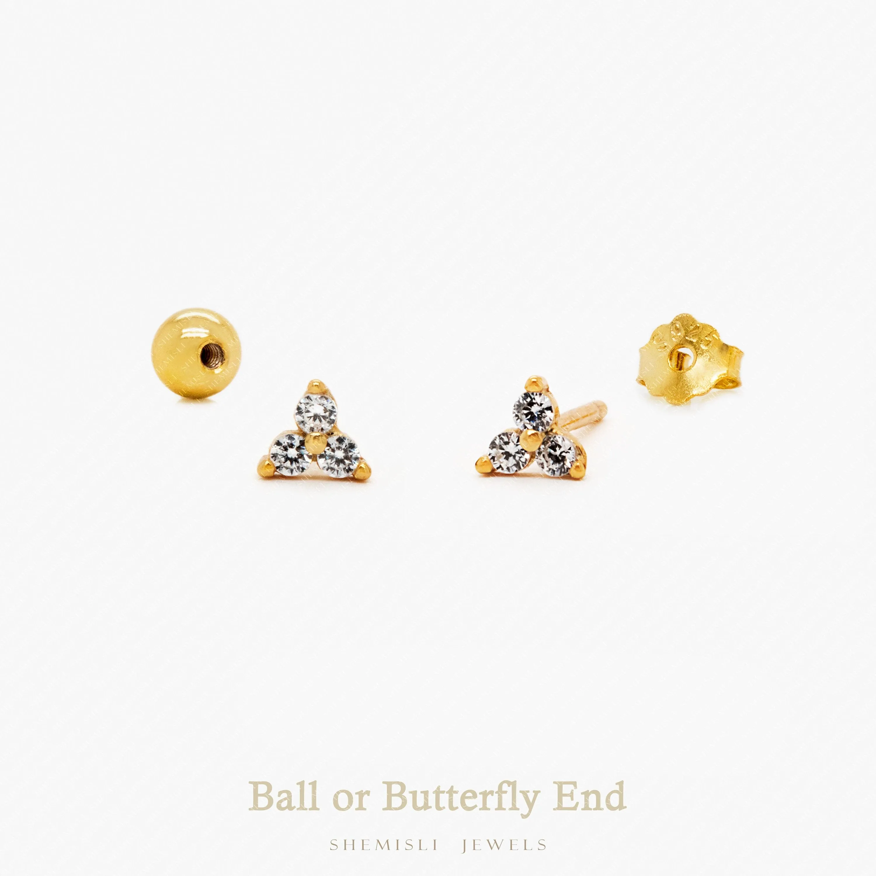 Tiny White Stone Clover Flower Stud, Unisex, Gold, Silver SHEMISLI SS039 Butterfly End, SS793 Screw Ball End (Type A)