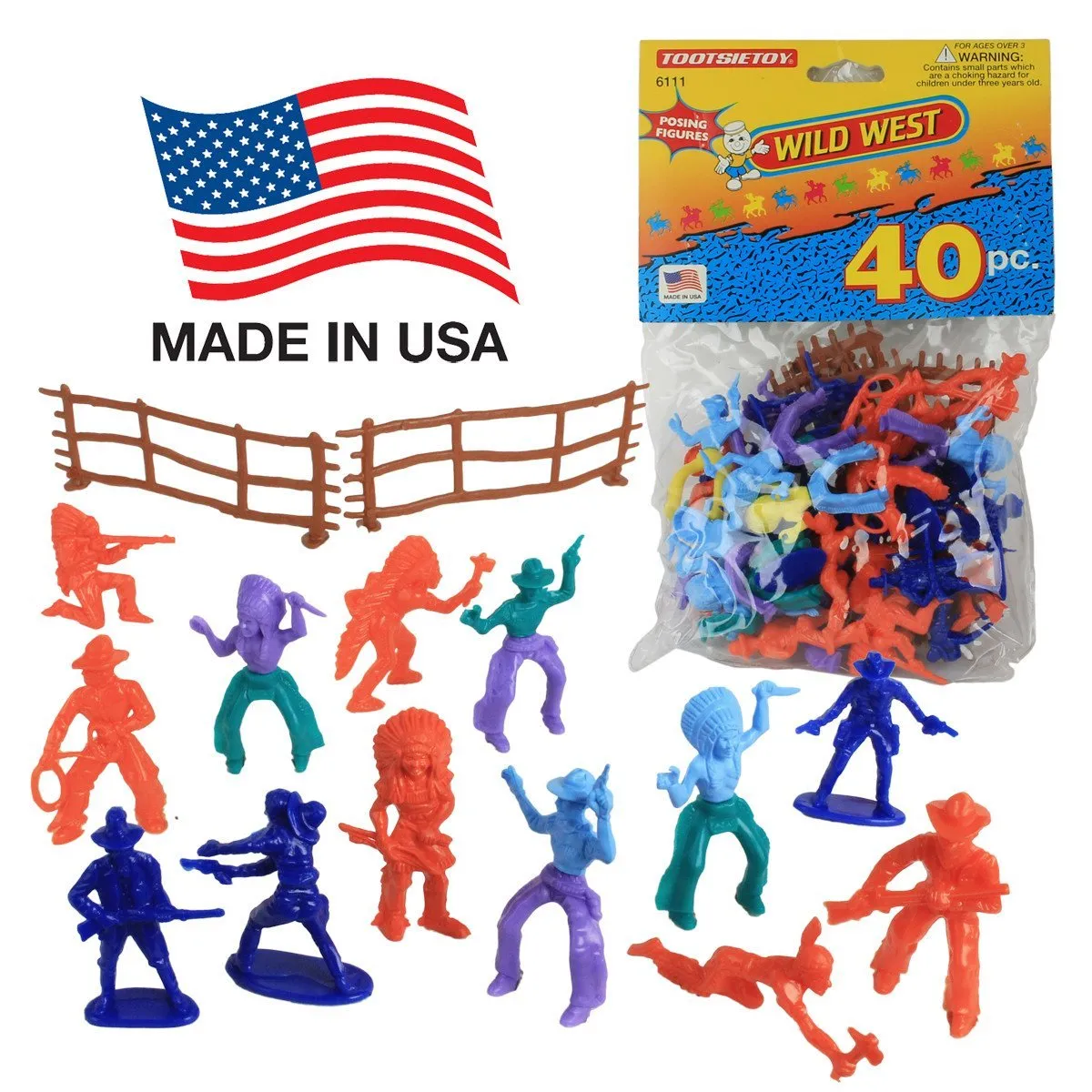 TootsieToy Cowboy & Indian 40pc Set: 1.75in Western Figures & Fences - Made USA!