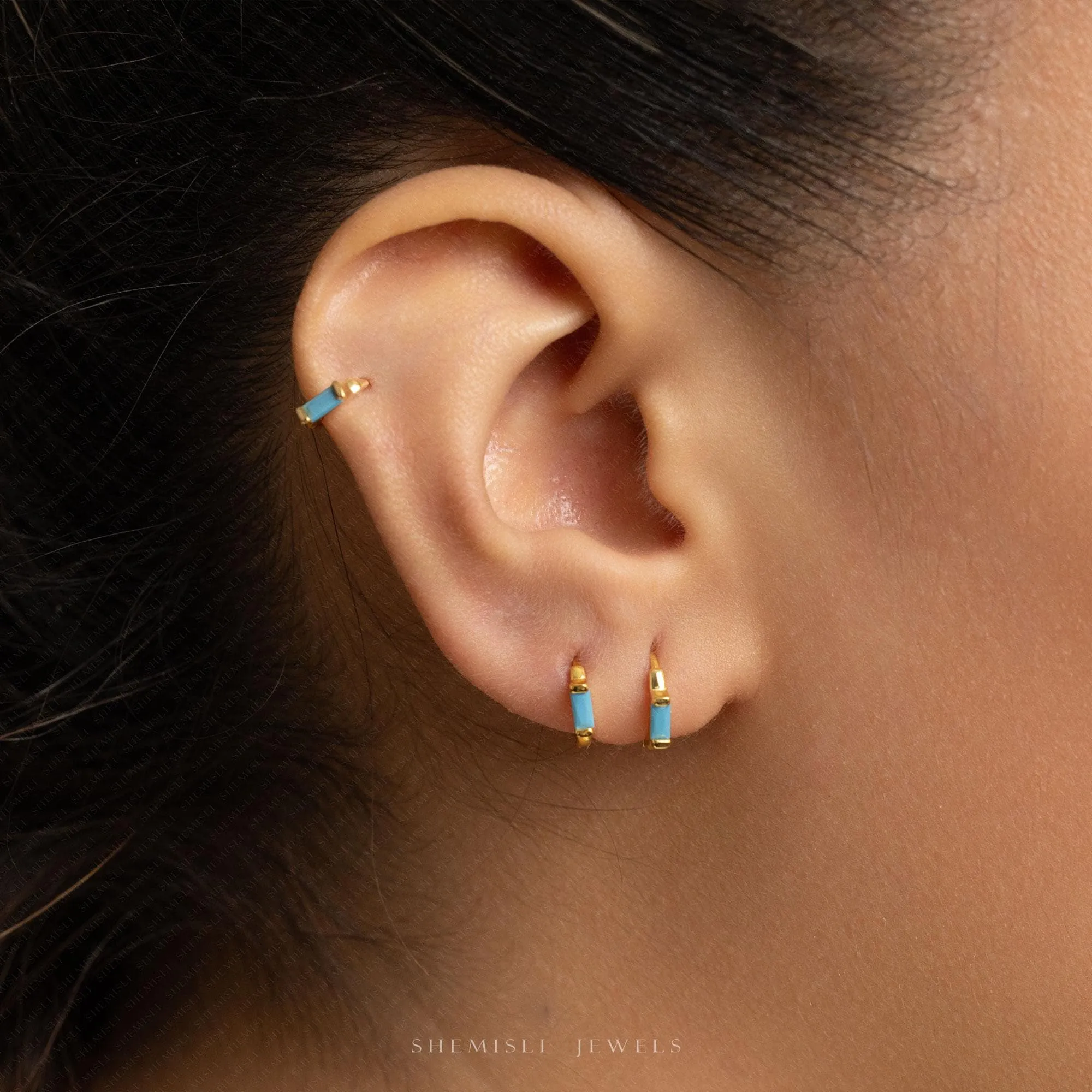 Turquoise Baguette Helix Hoop Earrings, Huggies, Unisex, Gold, Silver SHEMISLI - SH200, SH364, SH365