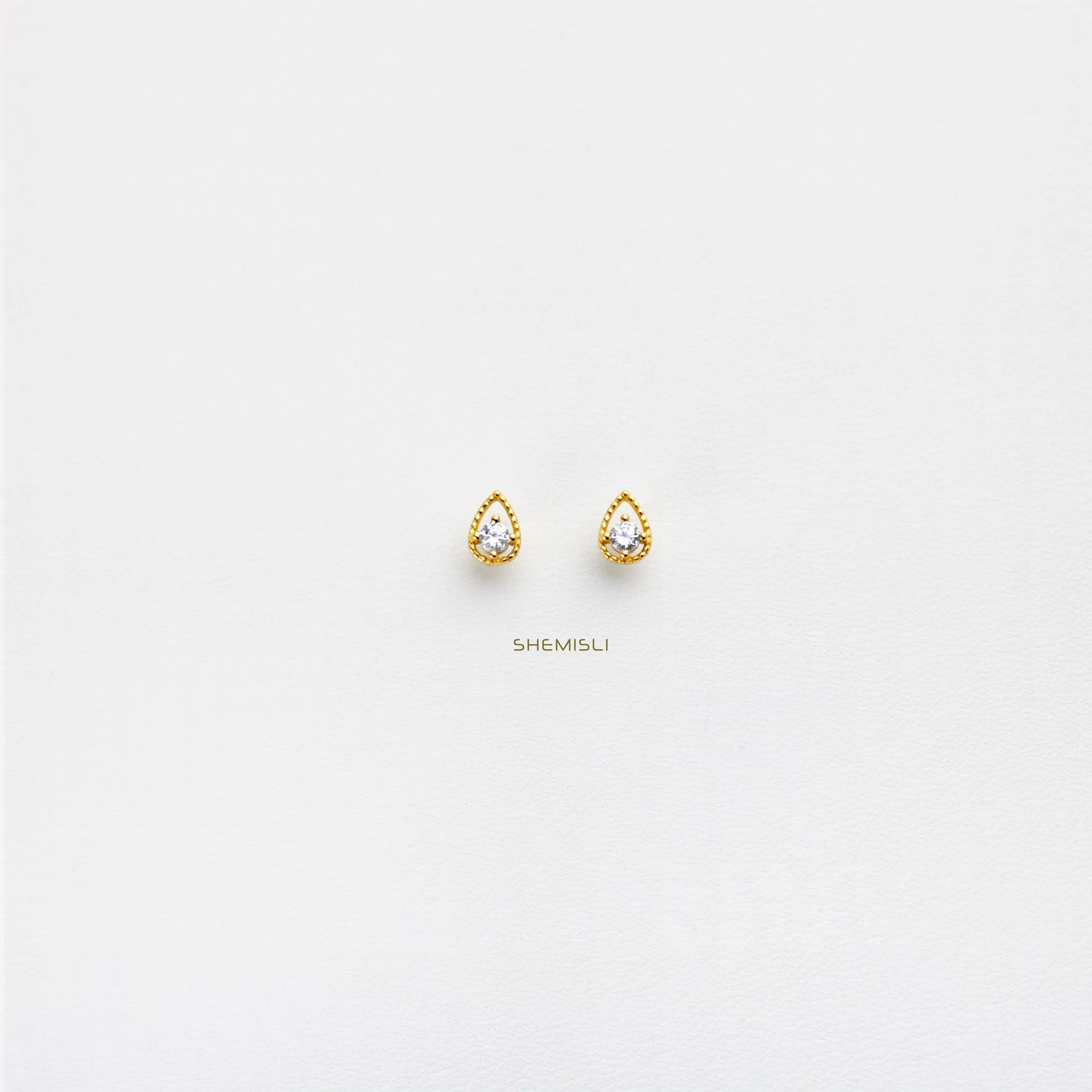 Vintage Teardrop CZ Studs Earrings, Unisex, Gold, Silver SHEMISLI SS056