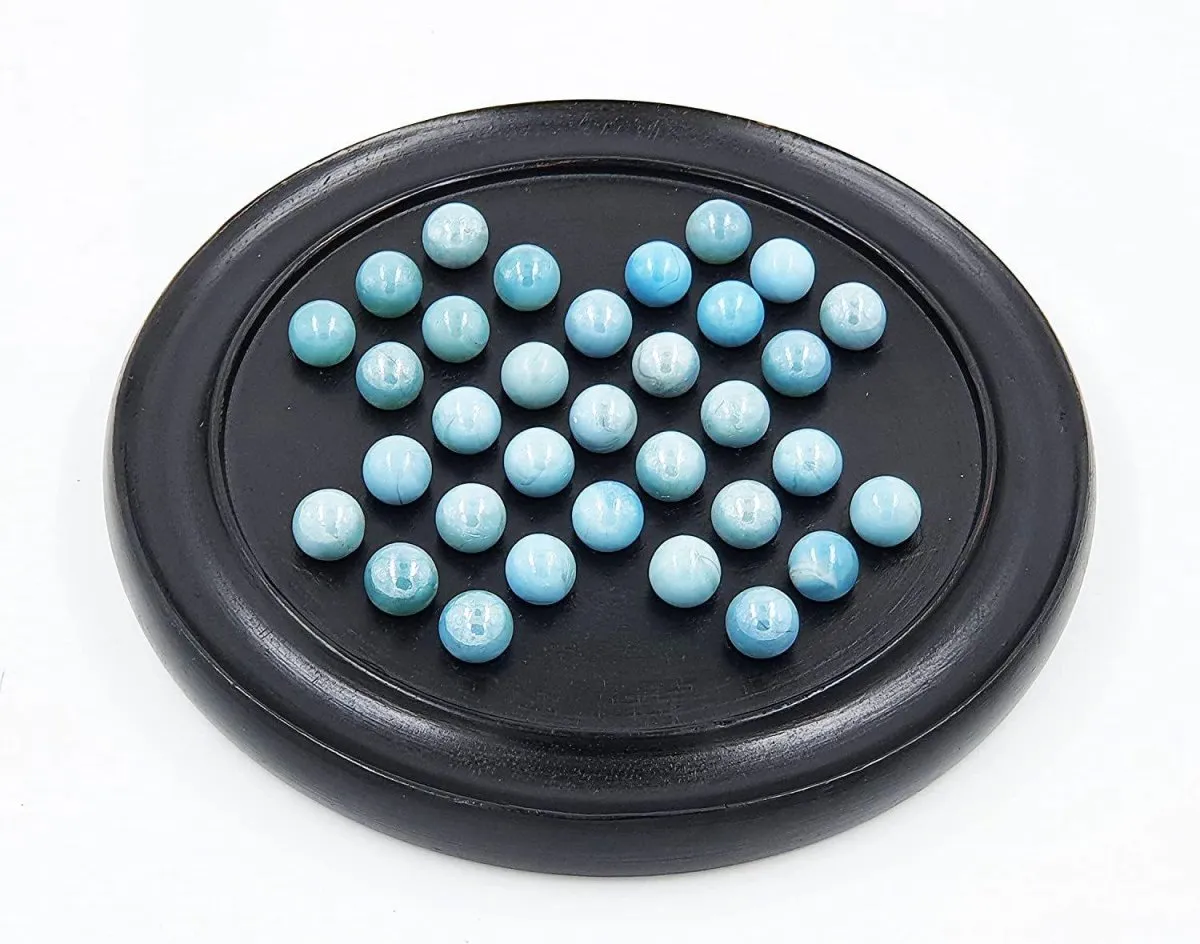 Wooden Solitaire Board Game with Glass Marbles- 9 inch (Black)